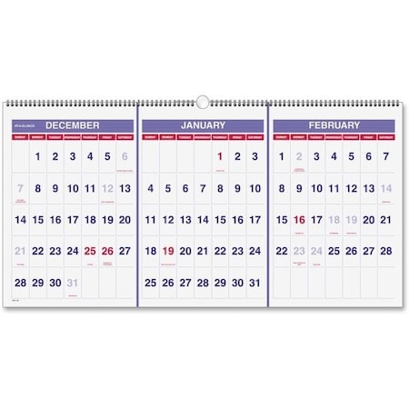 At-A-Glance At A Glance AAGPM1428 Horizontal Wall Calendar 3-Months; Chipboard - Blue & White AAGPM1428